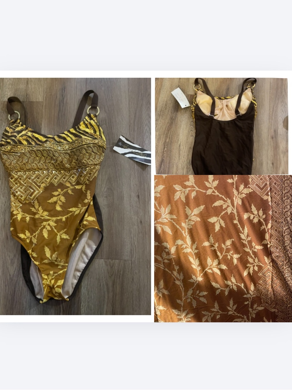 Carol Wior greek goddess  one-piece swimsuit. in gold, bronze with cover up.